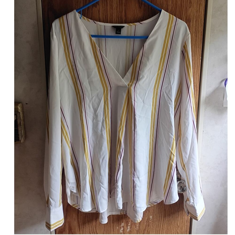 Ann Taylor Striped V Neck Blouse Large Long Sleeve Relaxed Workwear Tunic Top
